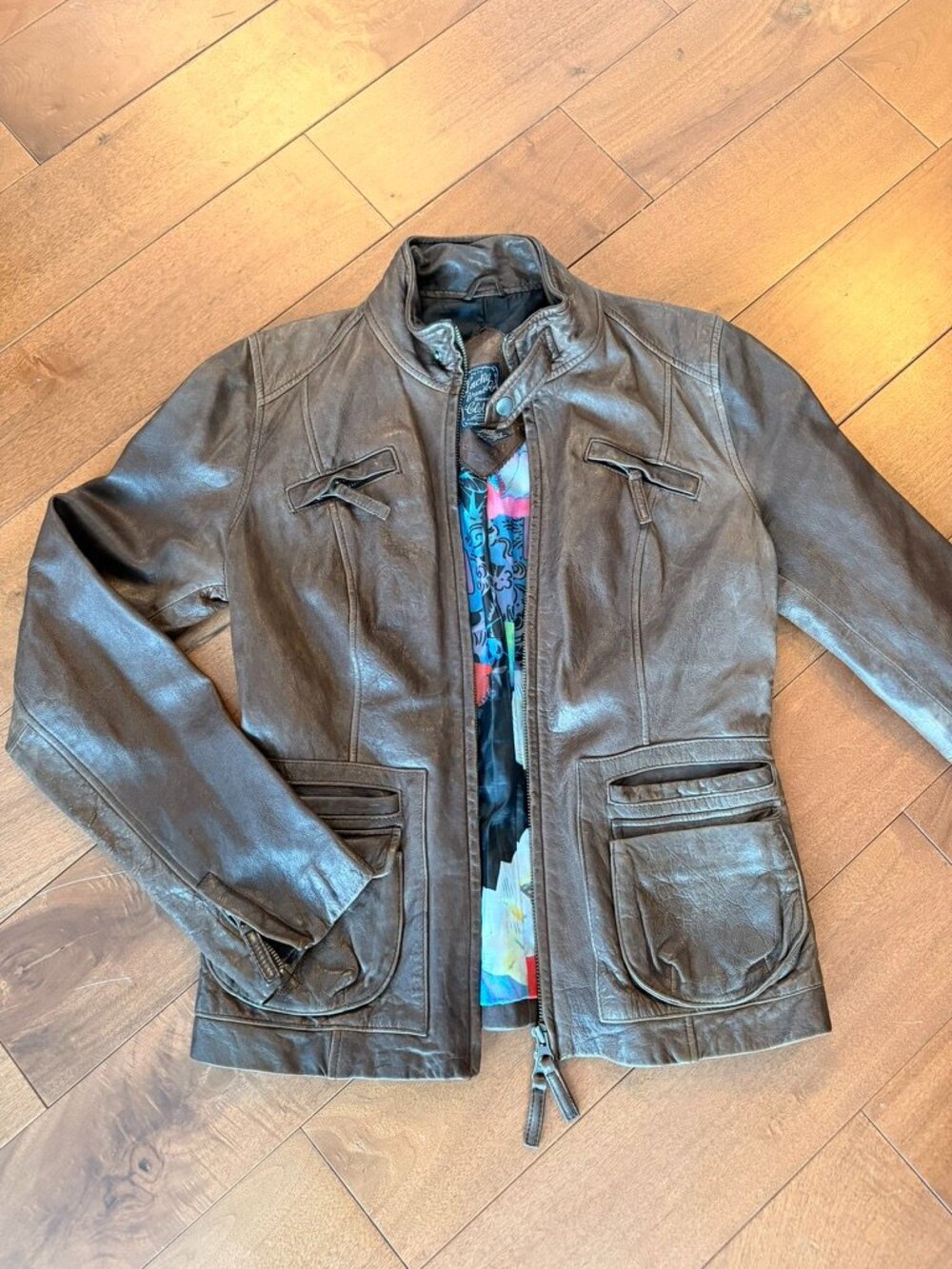 Lucky Brand Brown Genuine Leather Jacket S Floral Lining Moto Utility